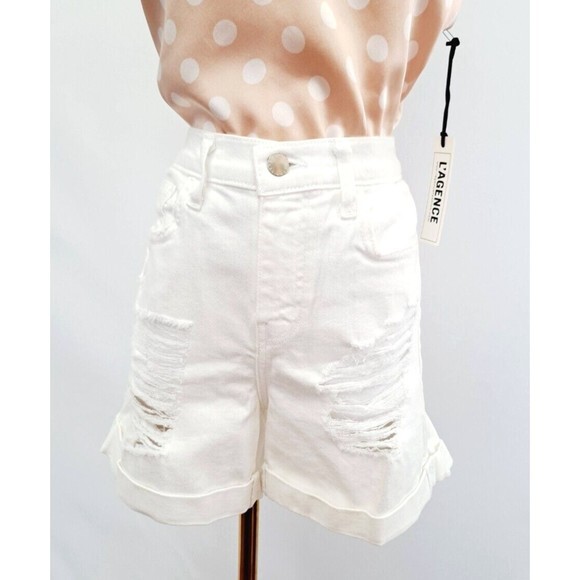 New! L'AGENCE White Balboa Distressed Cuffed Denim Jean Shorts 25 Ripped Stretch - Picture 2 of 10